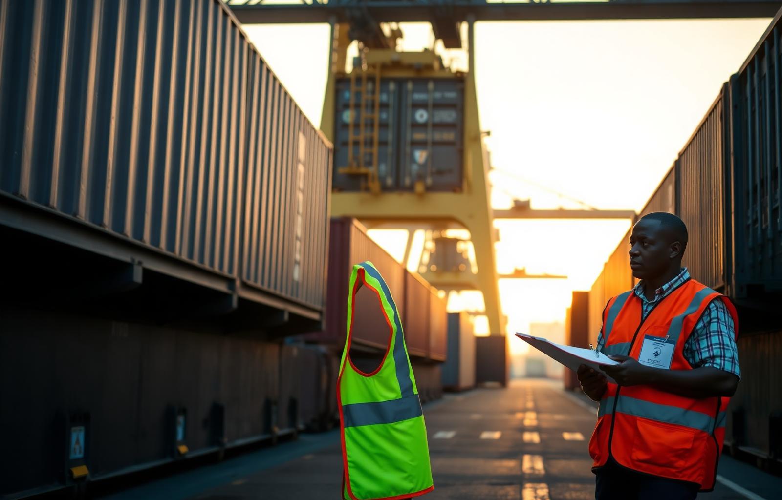 African port: pre-shipment conformity inspection at dawn
